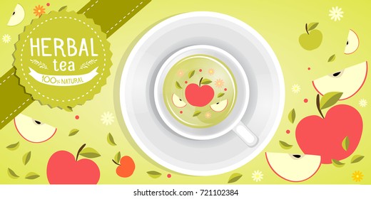 Flower fruity design for a tea shop. A cup of tea decorated with red and green apples. Company logo. Green natural tea. Vector illustration, top view. 