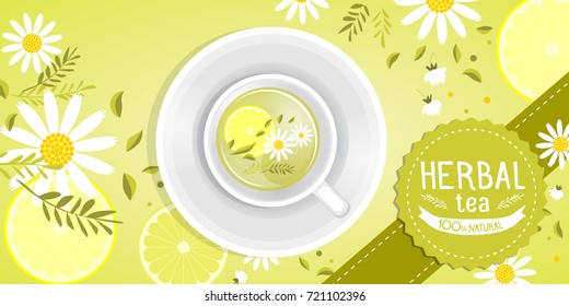Flower fruity design for a tea shop. A cup of tea decorated with citrus and chamomile. Company logo. Green natural tea. Vector illustration, top view. 