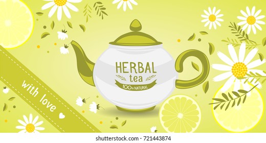 Flower fruity design for a tea shop. Teapot decorated with citrus and chamomile. Company logo. Green natural tea. Vector illustration. Horizontal banner.