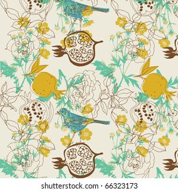 flower garden with bird. seamless pattern