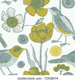 Flower garden with bird. seamless pattern