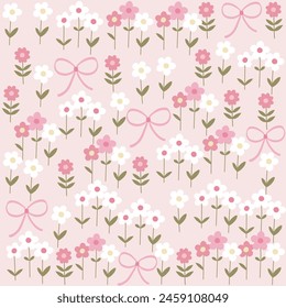 flower garden and bow seamless pattern on pastel pink background, vector illustration