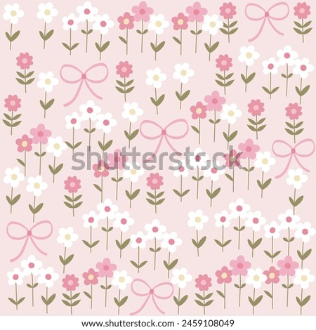 flower garden and bow seamless pattern on pastel pink background, vector illustration