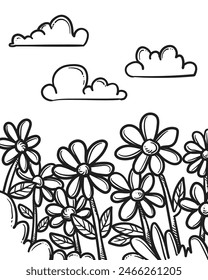 flower garden with clouds. Coloring book