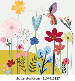 Flower garden and colorful bird, minimal style, doodle comic art, illustration vector