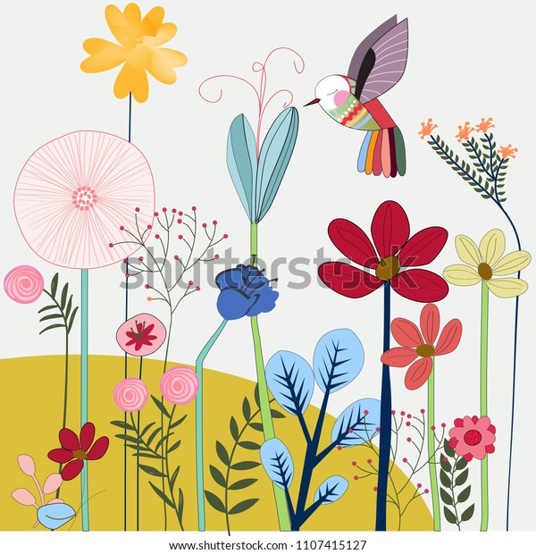 花園とカラフルな鳥 最小スタイル 落書き風漫画 イラストベクター画像 のベクター画像素材 ロイヤリティフリー