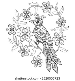 Flower garden and cute bird hand drawn for adult coloring book