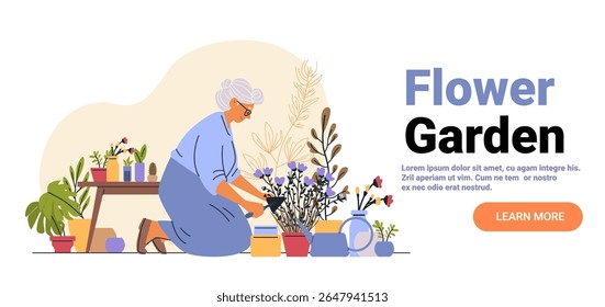 Jardim da flor idosa mulher jardinando plantas potes coloridos ao ar livre hobby natureza cuidado website banner