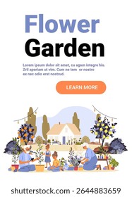 Flower garden family gardening outdoor plants nature house scene with people tending flowers trees greenery backyard landscape website banner