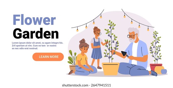 Flower garden family gardening together outdoor plants potted trees string lights elderly man children teamwork flat design landing page