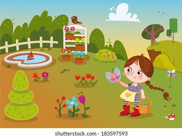 Flower Garden And Girl