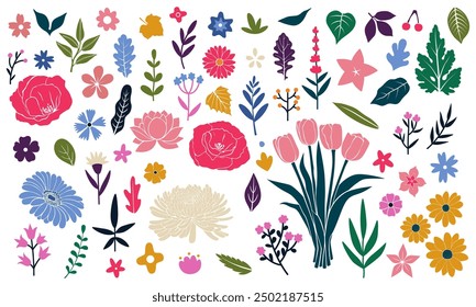 Flower garden illustration. Pattern floral, abstract simple plant, design modern graphic. Minimal nature market. Spring and summer meadow, childish decoration, vector drawing shape botanical artwork