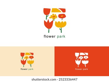 Un logotipo de jardín de flores con tonos cálidos de rojo y amarillo, que simboliza la calidez estacional de las flores del jardín. Perfecto para diseños que evocan naturaleza y calidez.