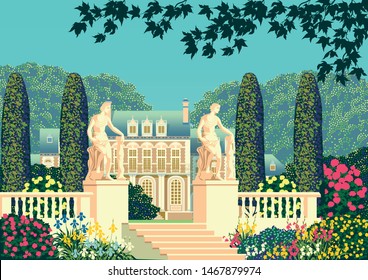 Flower garden near a country house with a statues and park on a sunny summer day. Handmade drawing vector illustration. Can be used for books, illustrations. 