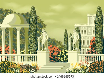 Flower garden near a country house with a rotunda, statues and a Park on a Sunny summer day. Hand drawing vector illustration. Can be used for books, illustrations.