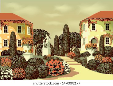 Flower garden near country houses with statues and park on sunny summer day. Hand drawing vector illustration. Retro poster. Can be used for books, illustrations.