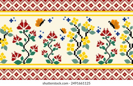 Jardín de flores pixel patrón sin fisuras. pixel diseño de arte 