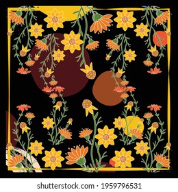 a flower garden with pretty bright yellow stems and leaves and lush green stalks. with a black background and a line as a fence with a clear outline. for printing cloth, fashion, scarf, hijab