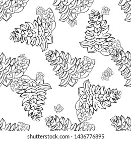Flower garden succulent hand drawn line art. Cute seamless vector tile pattern. Retro vintage.