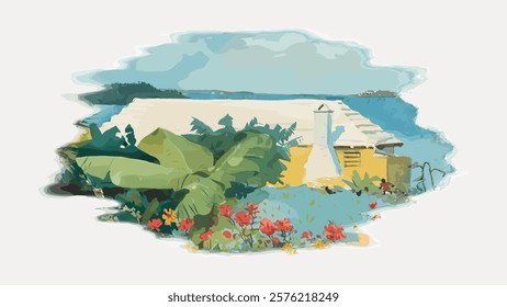 Flower garden, vintage bungalow illustration by Winslow Homer isolated. Vintage illustration. Famous old art element. Vintage famous artwork element by Winslow Homer, old art illustration vector.