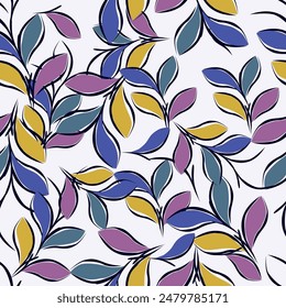 Flower garden wallpaper design vector prepared for textile printing. Seamless floral pattern with abstract hand drawn flower and leaf background elements in purple, pink, yellow, white and blue. 