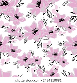 Flower garden wallpaper design vector prepared for textile printing. Seamless floral pattern with abstract hand drawn flower and leaf background elements in purple, pink, yellow, white and blue.