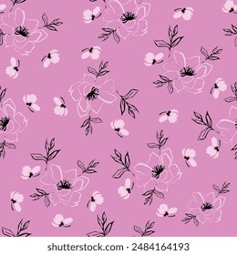 Flower garden wallpaper design vector prepared for textile printing. Seamless floral pattern with abstract hand drawn flower and leaf background elements in purple, pink, yellow, white and blue.