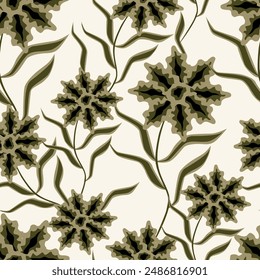 Flower garden wallpaper design vector prepared for textile printing. Seamless floral pattern with abstract hand drawn flower and leaf background elements in purple, pink, yellow, white and blue.