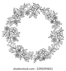 Flower garden wreath hand drawn for adult coloring book