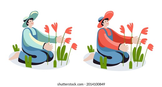 Un jardinero de flores se encarga de las flores. El hombre con el sombrero. Hombre mujer en el campo. Imagen estética con flores. El ambiente de tranquilidad en la naturaleza Diferentes colores. Un hombre de rodillas.