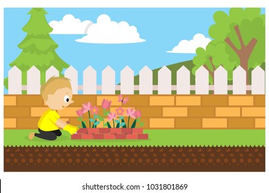 flower gardening at home, vector illustration