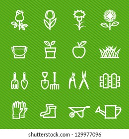 Flower and Gardening Tools Icons with Green Background