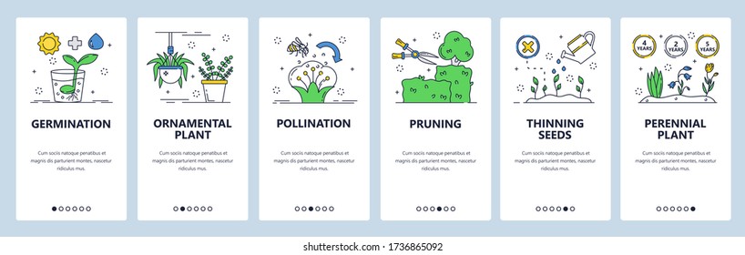 Flower gardening website and mobile app onboarding screens. Menu banner vector template for web site and application development. Growing flowering plants, pruning, pollination, germination of plants.