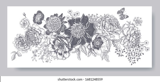 Flower garland. Garden peonies, leaves, butterfly, decorative branches, and different plants and small flowers. Black and white. Vector illustration. Wedding decoration.