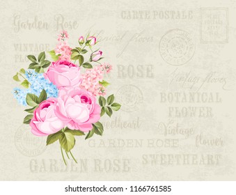 Flower garland for invitation card. Card template with blooming flowers and custom text. Vintage postcard background vector template for wedding invitation. Vector illustration.