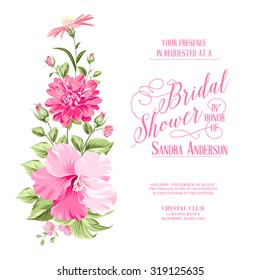 Flower garland for invitation card. Invitation card template with blooming flowers and custom text isolated over white. Pink flowers on the white background. Vector illustration.