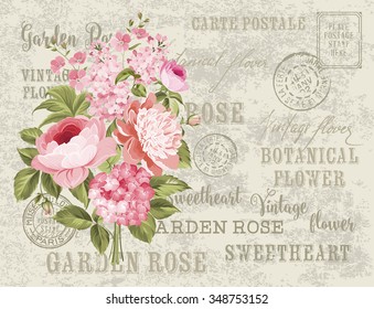 Flower garland for invitation card. Card template with blooming flowers and custom text. Vintage postcard background vector template for decoration. Vector illustration. 