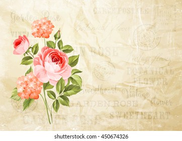 Flower garland for invitation card. Card template with blooming flowers and custom text. Vintage postcard background template for wedding invitation. Vector illustration.