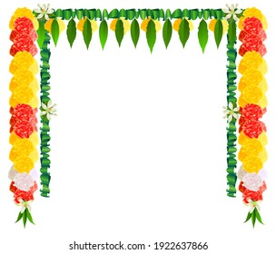 Flower garland mala for ugadi indian holiday. Template frame greeting card banner. Vector cartoon illustration isolated on white