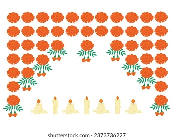 Flower garland of marigold flowers and burning candles. Vector illustration isolated on white background.