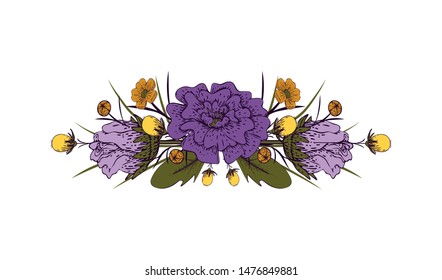 Flower garland on a white background. Floral arrangement in vintage style. Isolated object. Vector illustration.