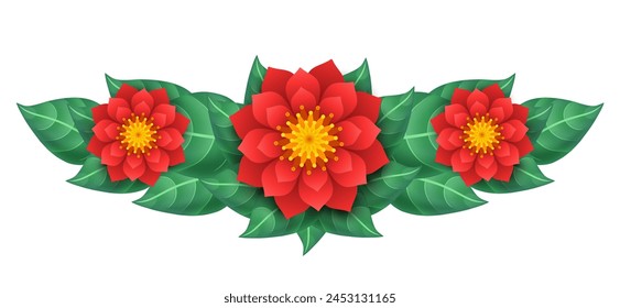 Guirnalda de flores rojas y hojas verdes. Ilustración vectorial aislada sobre fondo blanco.