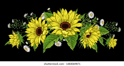 Flower garland. Sunflowers and wild flowers. Isolated autumn flowers and leaves. Floral pattern. Decorative vector illustration. Vintage. Hand realistic drawing.