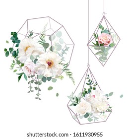 Flower geometric glass hanging terrarium vector design objects. Wedding flowers bouquets. Creamy white peony, ivory and dusty pink rose, eucalyptus, greenery. All elements are isolated and editable