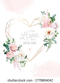 Flower Geometric Heart Line Art Vector Design Frame. Wedding Watercolor Flowers. Ivory White Peony, Dusty Pink Blush Rose, Hydrangea, Ranunculus, Greenery, Astilbe, Eucalyptus. Isolated And Editable