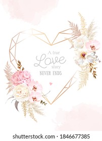 Flower geometric heart line art vector design frame. Wedding watercolor flowers. Ivory white peony, dusty pink blush orchid, hydrangea, ranunculus, pampas grass, dry leaves card. Isolated and editable