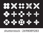 Flower geometric icon set. Petal symmetrical motif element design pack. Set of bloom, light, bud abstract decorative bundle. Vector fashion inspired flower form modern symbol logo illustration set