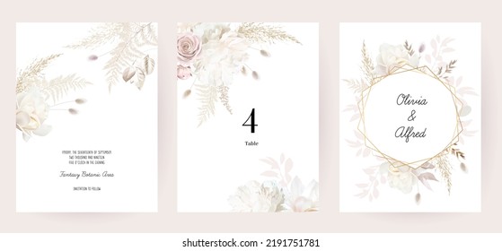 Flower Geometric Line Art Vector Design Frames. Wedding Watercolor Flowers. Ivory White Peony, Dusty Pink Blush Rose, Beige Magnolia, Lagarus, Pampas Grass, Dried Leaves Cards. Isolated And Editable