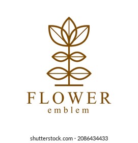 Flower in geometric linear style vector emblem isolated on white background, blossoming flower hotel or boutique or jewelry logo, sacred geometry design element.