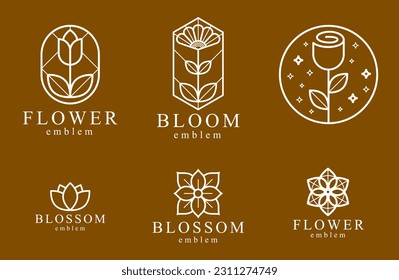 Flower in geometric linear style vector emblems set, blossoming flower hotel or boutique or jewelry logos collection, sacred geometry design elements.